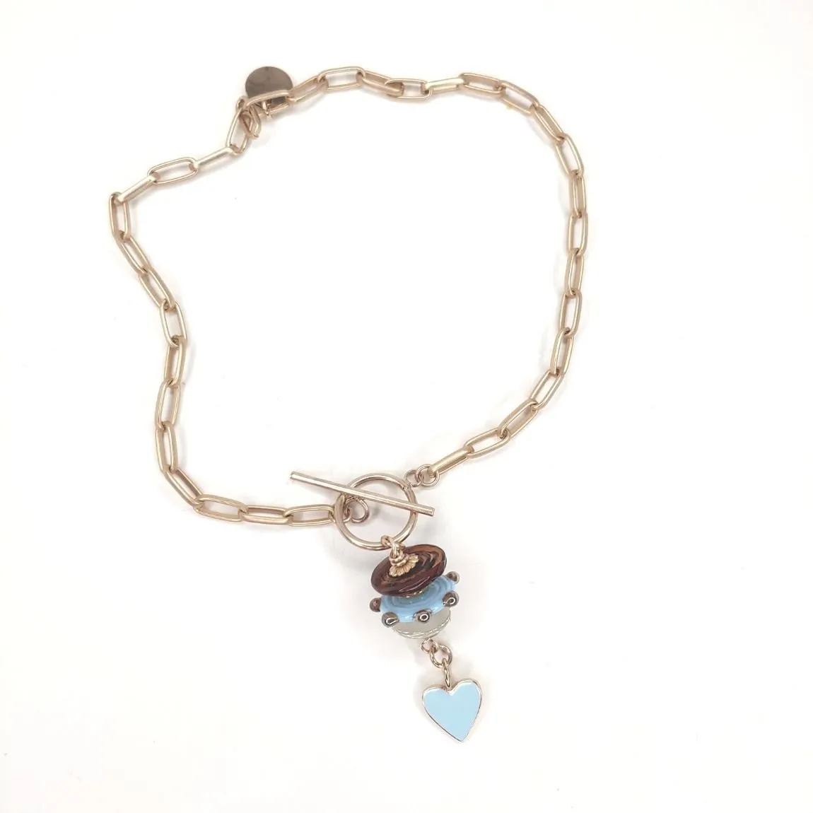 Lampwork Beads   Blue Heart On Gold Chain