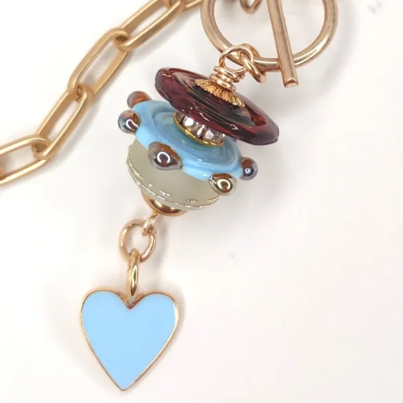 Lampwork Beads   Blue Heart On Gold Chain
