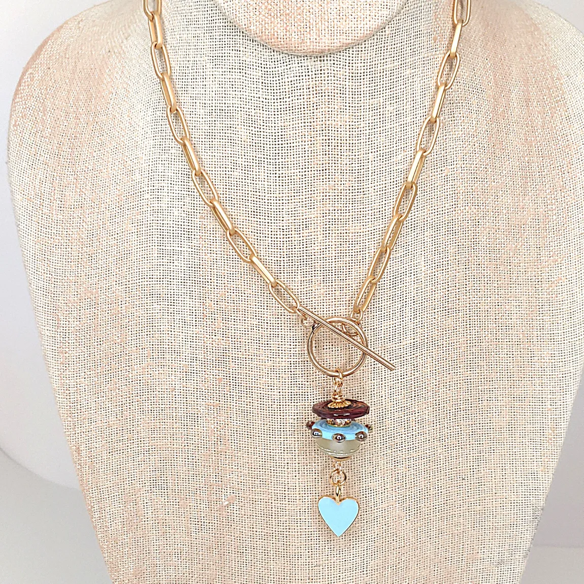 Lampwork Beads   Blue Heart On Gold Chain