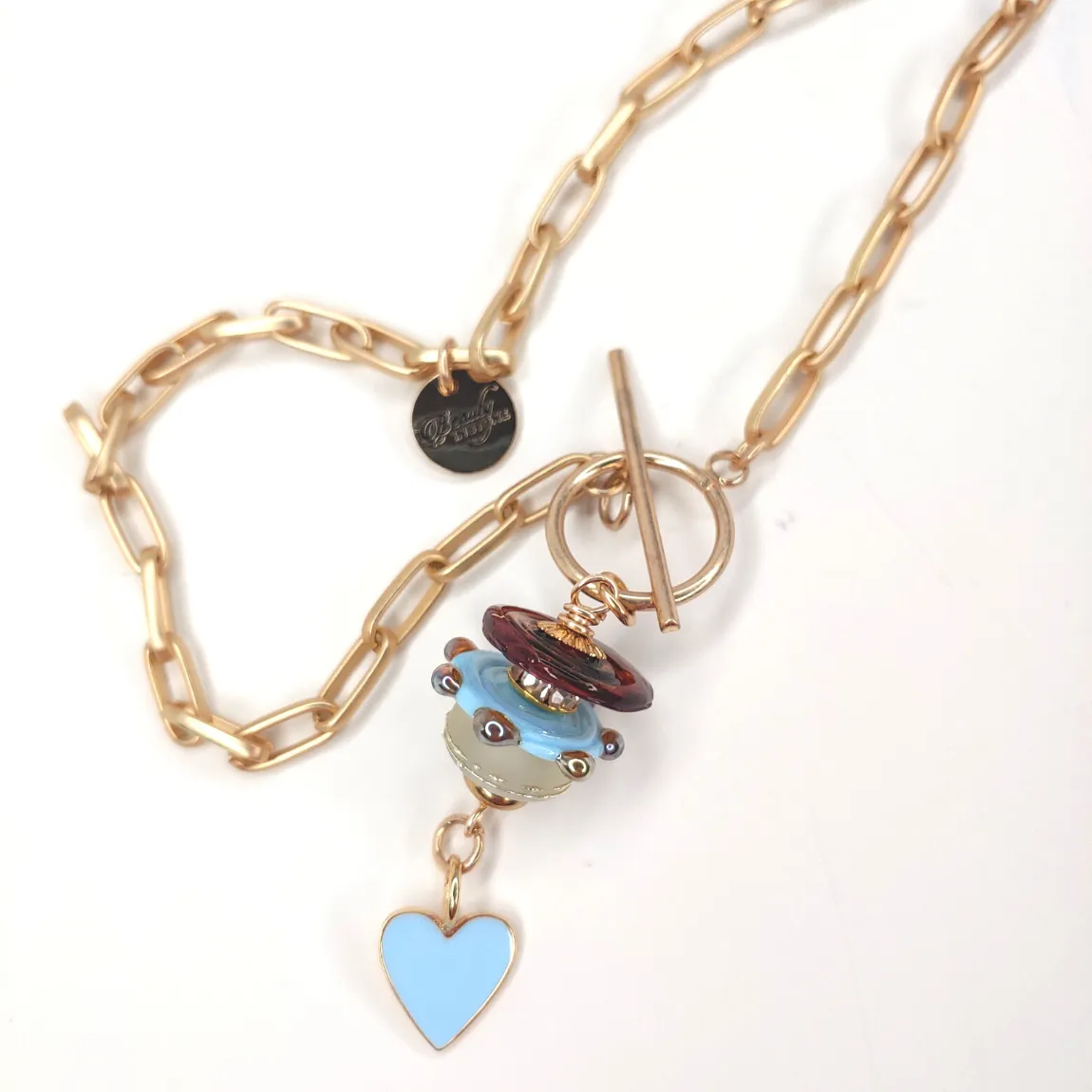 Lampwork Beads   Blue Heart On Gold Chain