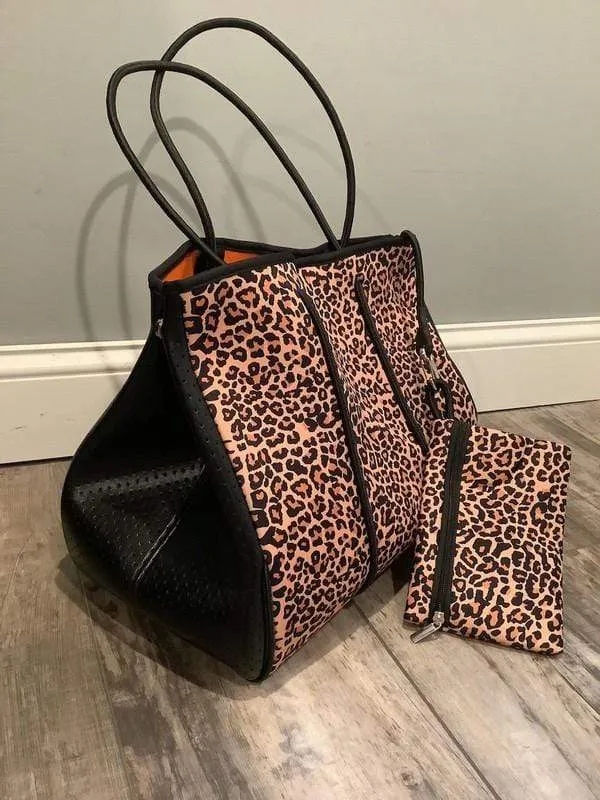 Leopard Print Neoprene Tote Bag w/ Wristlet