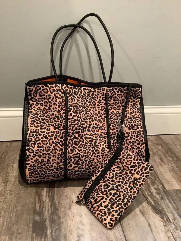 Leopard Print Neoprene Tote Bag w/ Wristlet
