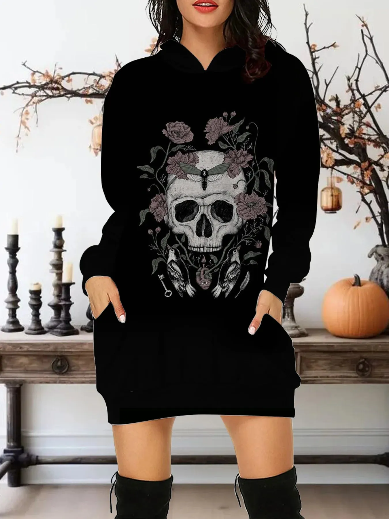 LVSANW Autumn New In 2025 Women Hoodies&Sweatshirts Dress Y2K Skull And Rose All Saints' Day Clothes Party Hoodie Short Dress S-3XL