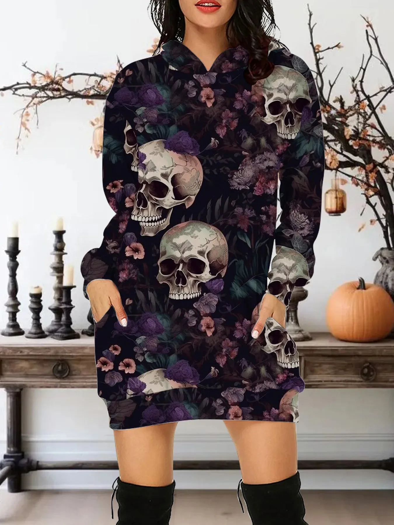 LVSANW Autumn New In 2025 Women Hoodies&Sweatshirts Dress Y2K Skull And Rose All Saints' Day Clothes Party Hoodie Short Dress S-3XL