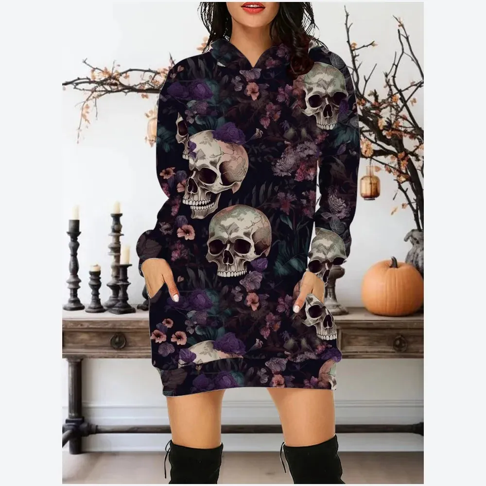 LVSANW Autumn New In 2025 Women Hoodies&Sweatshirts Dress Y2K Skull And Rose All Saints' Day Clothes Party Hoodie Short Dress S-3XL