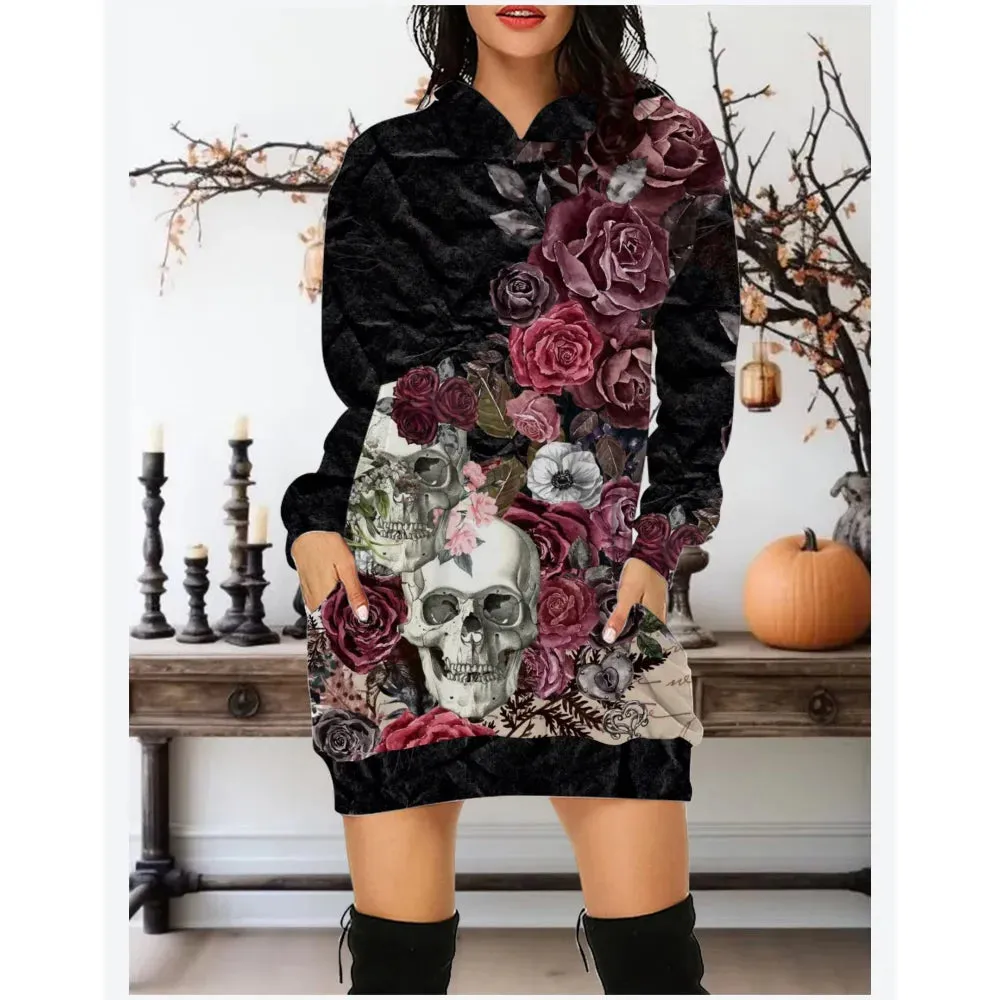 LVSANW Autumn New In 2025 Women Hoodies&Sweatshirts Dress Y2K Skull And Rose All Saints' Day Clothes Party Hoodie Short Dress S-3XL