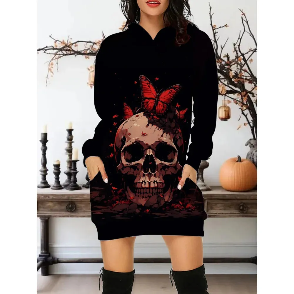 LVSANW Autumn New In 2025 Women Hoodies&Sweatshirts Dress Y2K Skull And Rose All Saints' Day Clothes Party Hoodie Short Dress S-3XL