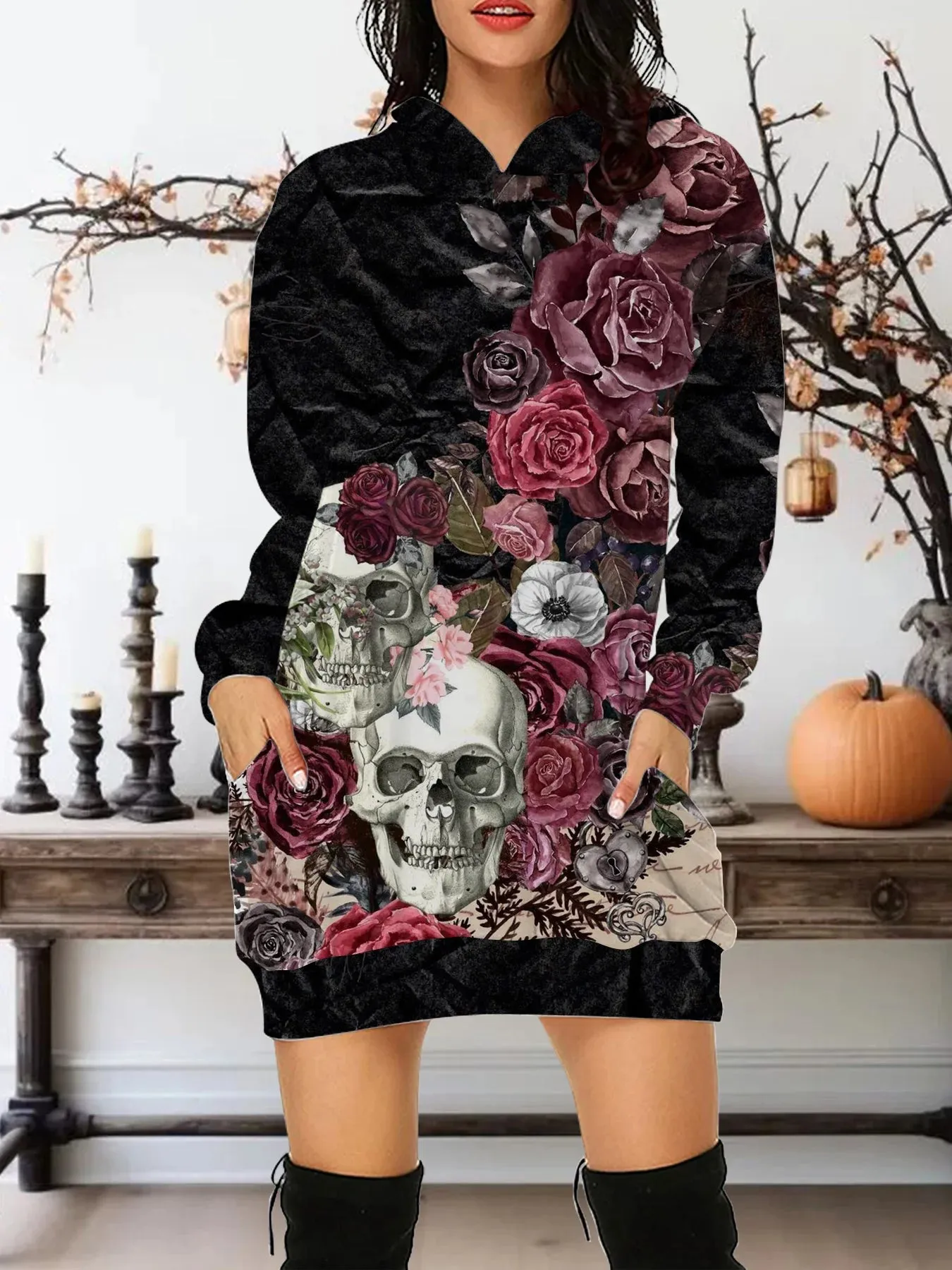 LVSANW Autumn New In 2025 Women Hoodies&Sweatshirts Dress Y2K Skull And Rose All Saints' Day Clothes Party Hoodie Short Dress S-3XL