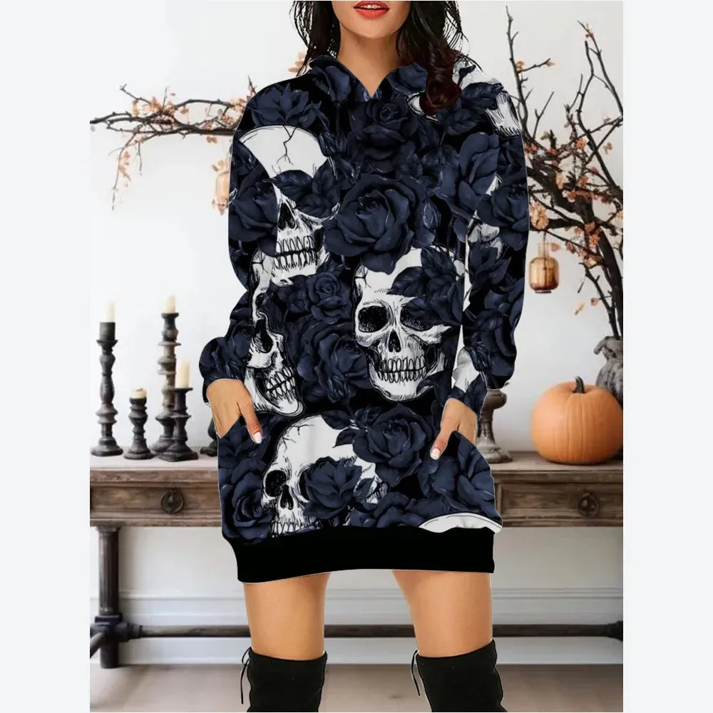 LVSANW Autumn New In 2025 Women Hoodies&Sweatshirts Dress Y2K Skull And Rose All Saints' Day Clothes Party Hoodie Short Dress S-3XL