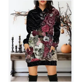 LVSANW Autumn New In 2025 Women Hoodies&Sweatshirts Dress Y2K Skull And Rose All Saints' Day Clothes Party Hoodie Short Dress S-3XL