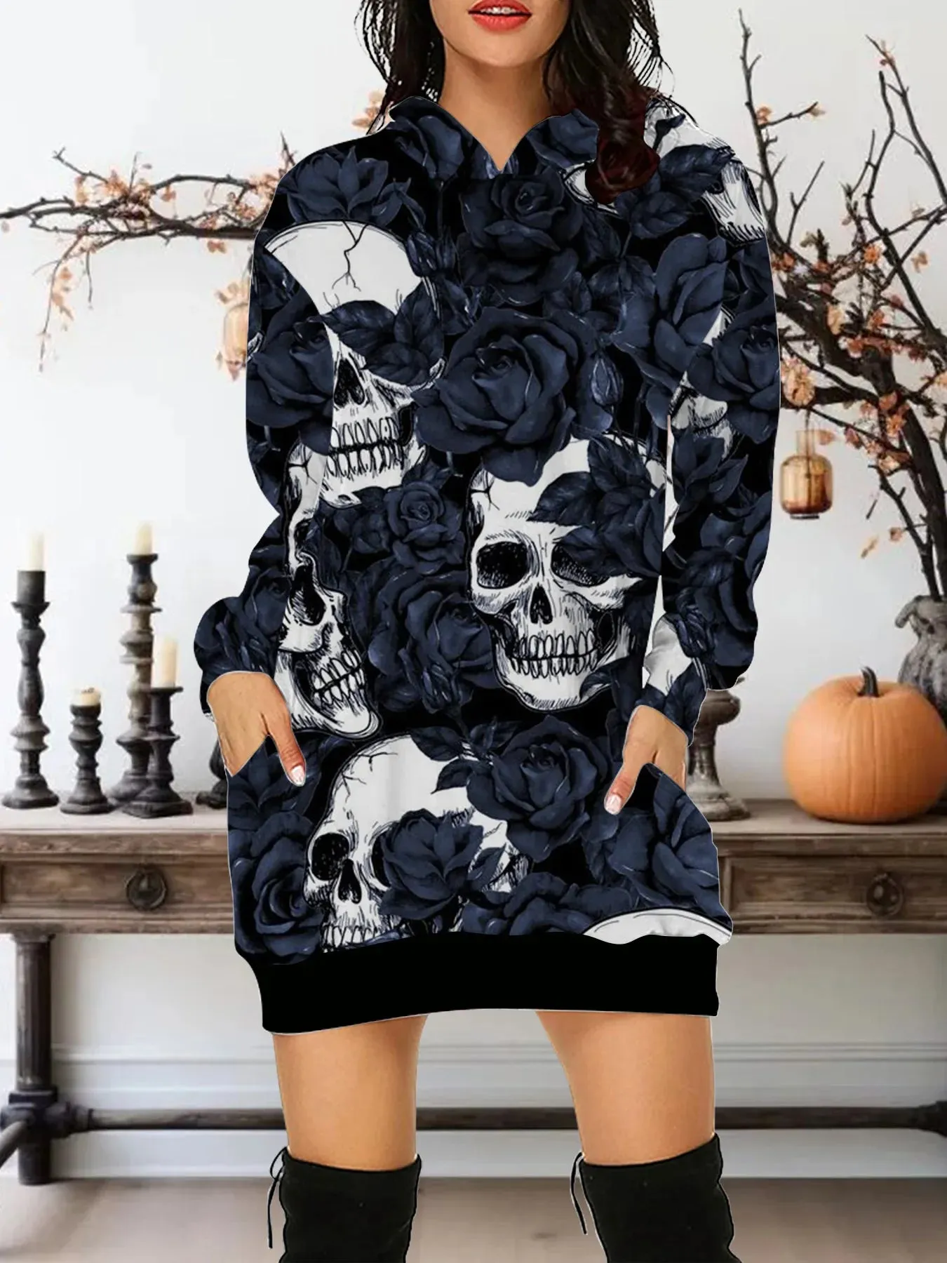 LVSANW Autumn New In 2025 Women Hoodies&Sweatshirts Dress Y2K Skull And Rose All Saints' Day Clothes Party Hoodie Short Dress S-3XL