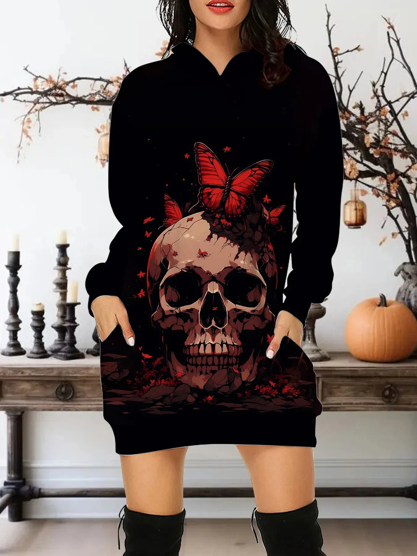 LVSANW Autumn New In 2025 Women Hoodies&Sweatshirts Dress Y2K Skull And Rose All Saints' Day Clothes Party Hoodie Short Dress S-3XL
