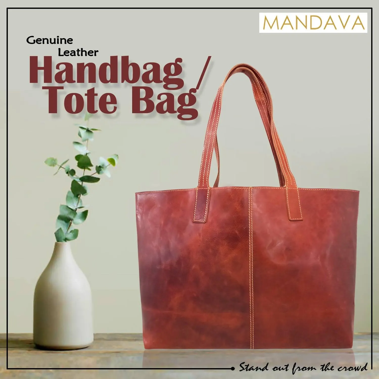 MANDAVA Women's Genuine Leather Tote Bag Travel Handbag for Work Shopping Top Handle Shoulder Big Shopper Bag (Cognac)
