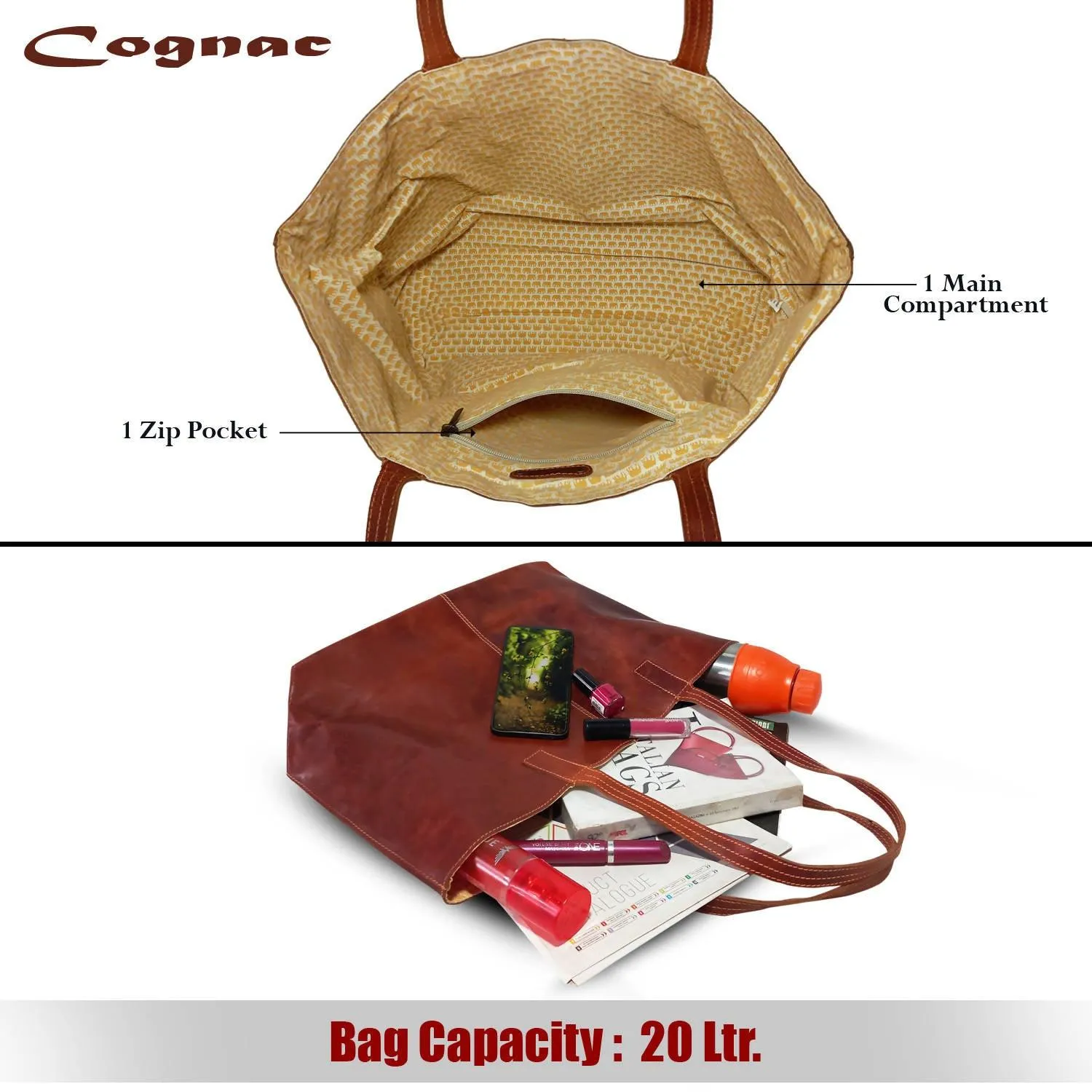 MANDAVA Women's Genuine Leather Tote Bag Travel Handbag for Work Shopping Top Handle Shoulder Big Shopper Bag (Cognac)