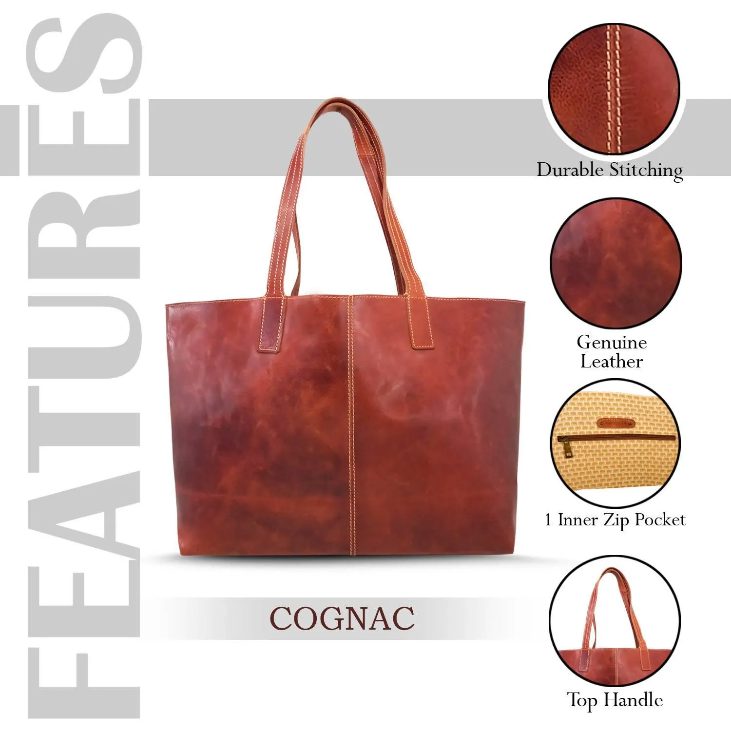 MANDAVA Women's Genuine Leather Tote Bag Travel Handbag for Work Shopping Top Handle Shoulder Big Shopper Bag (Cognac)