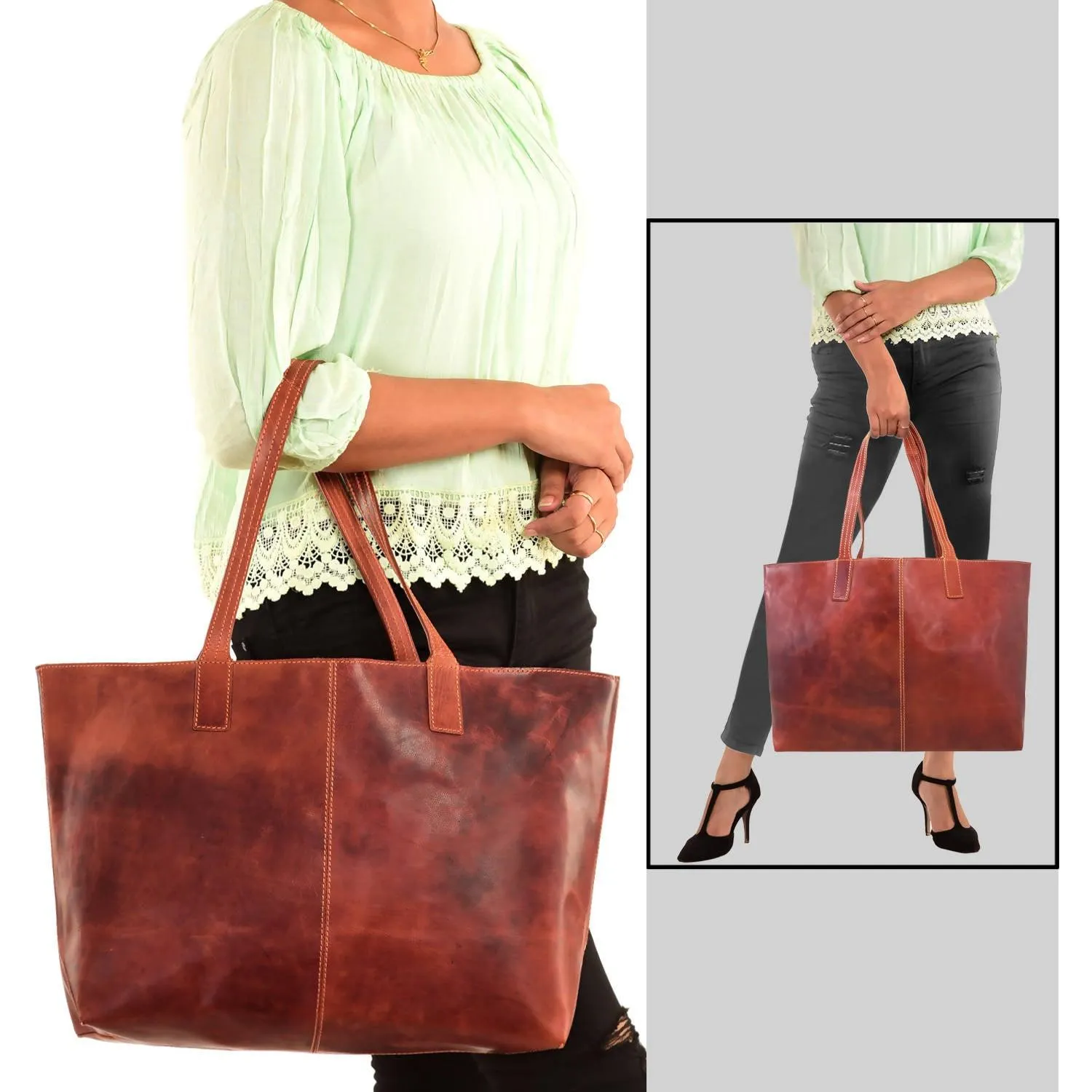 MANDAVA Women's Genuine Leather Tote Bag Travel Handbag for Work Shopping Top Handle Shoulder Big Shopper Bag (Cognac)