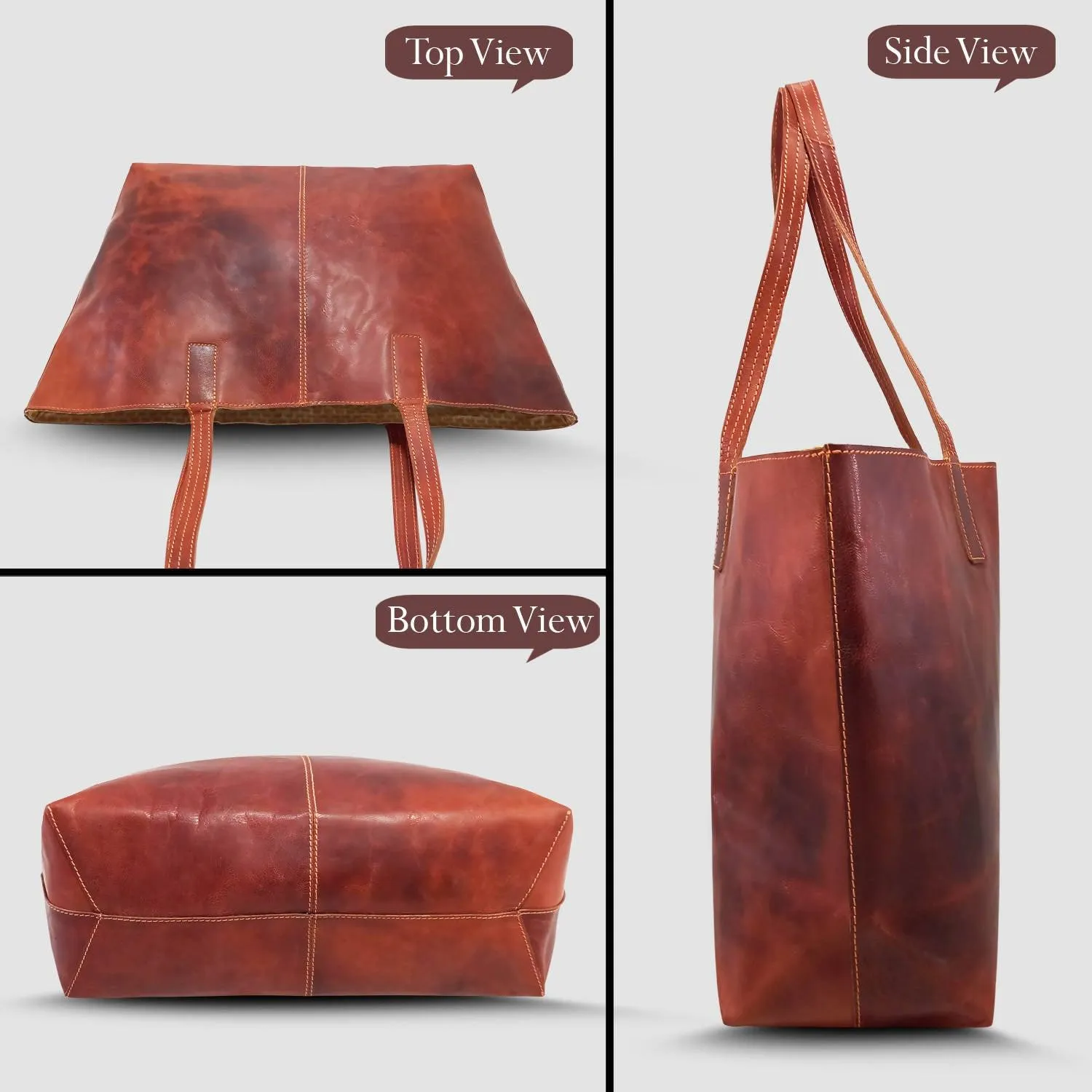 MANDAVA Women's Genuine Leather Tote Bag Travel Handbag for Work Shopping Top Handle Shoulder Big Shopper Bag (Cognac)