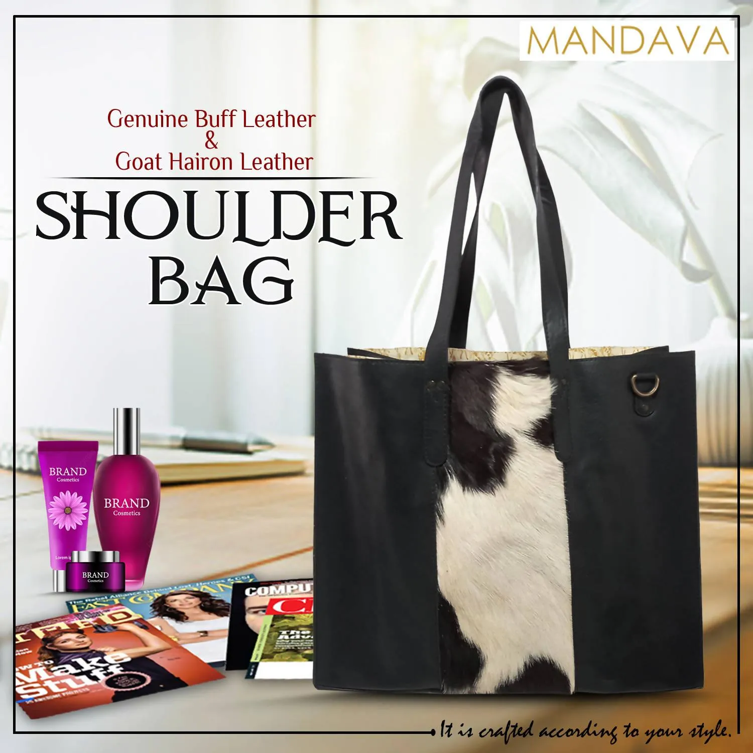 MANDAVA Women's Genuine Leather Tote Shoulder Bag for Work Shopping Buff Leather Big Shopper Bag (Black)