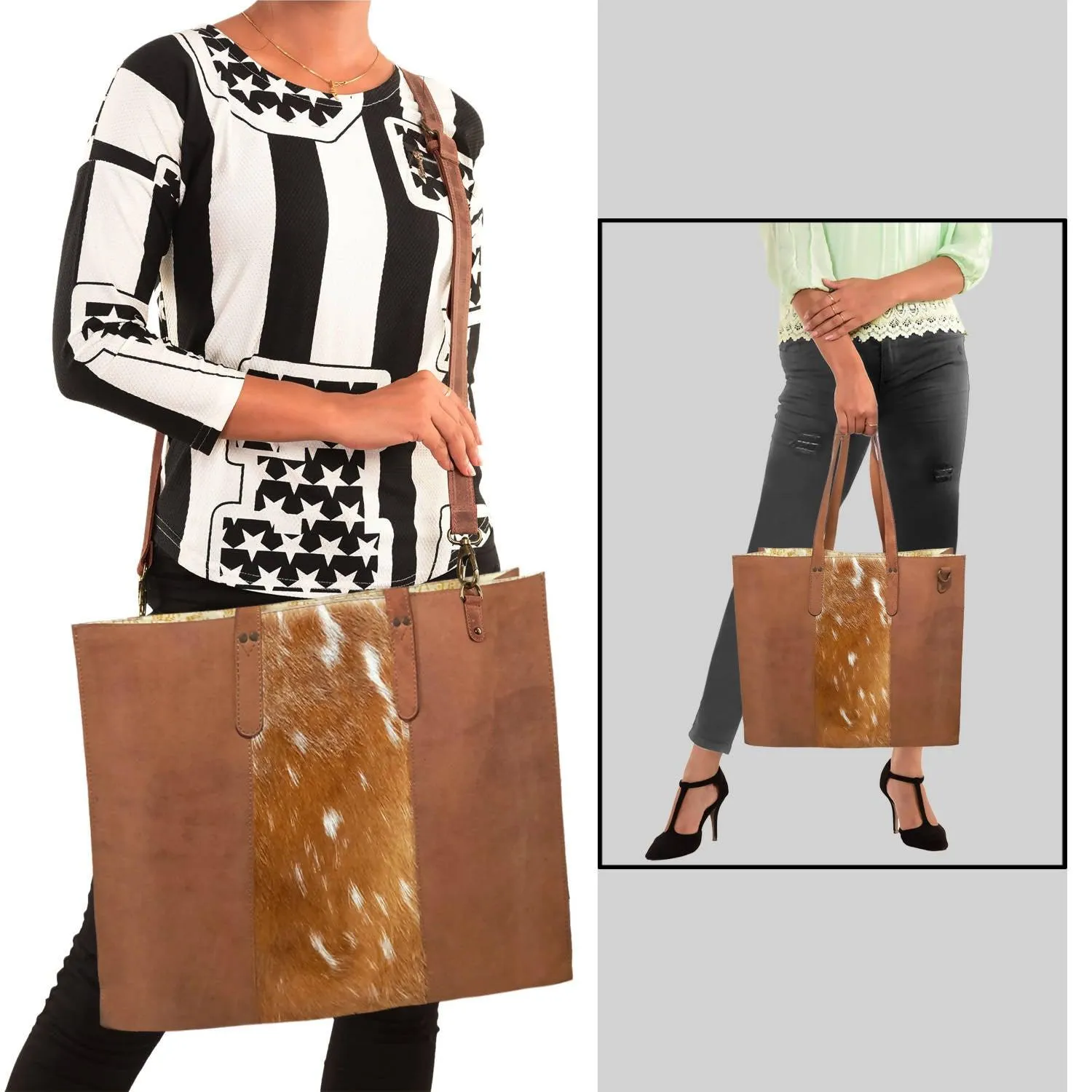 MANDAVA Women's Genuine Leather Tote Shoulder Bag for Work Shopping Buff Leather Big Shopper Bag (Brown)