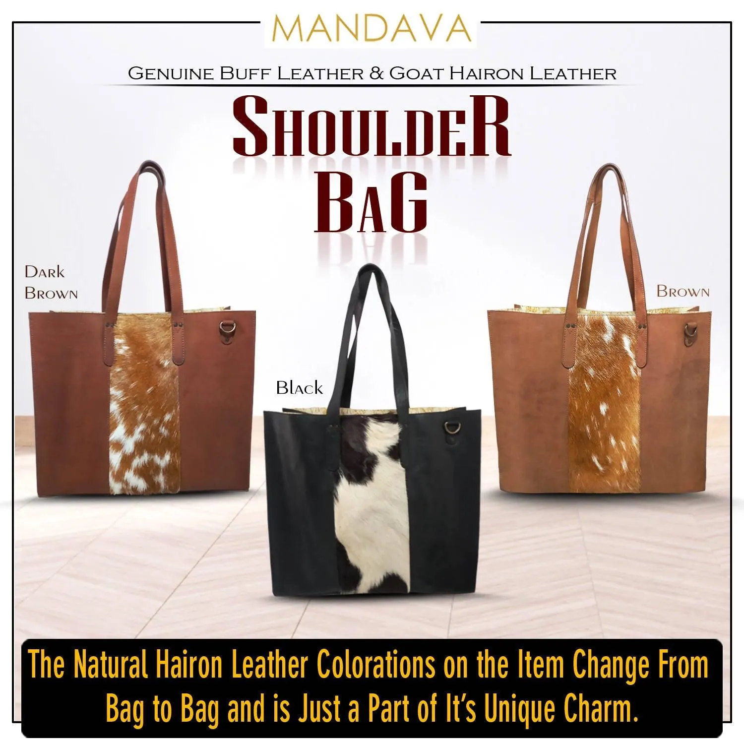 MANDAVA Women's Genuine Leather Tote Shoulder Bag for Work Shopping Buff Leather Big Shopper Bag (Brown)