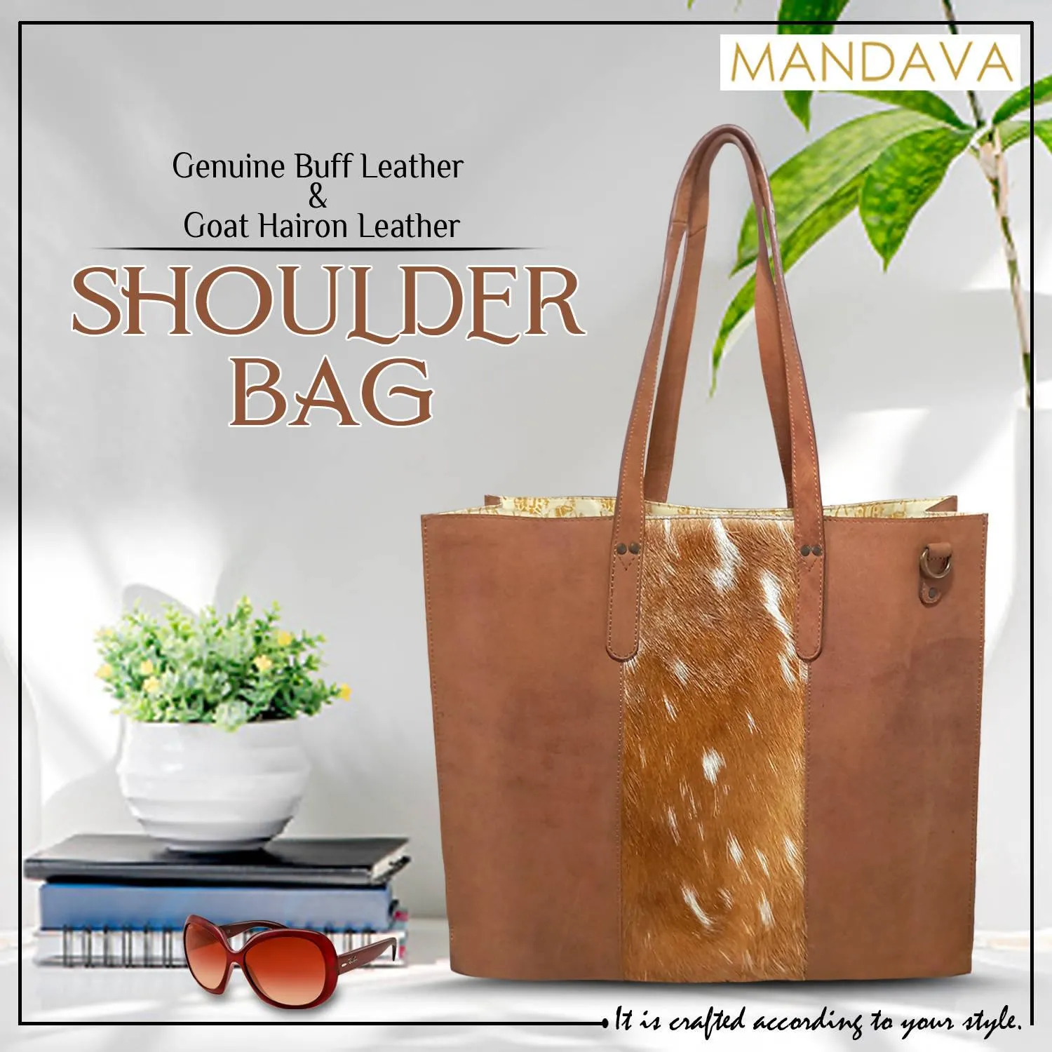 MANDAVA Women's Genuine Leather Tote Shoulder Bag for Work Shopping Buff Leather Big Shopper Bag (Brown)