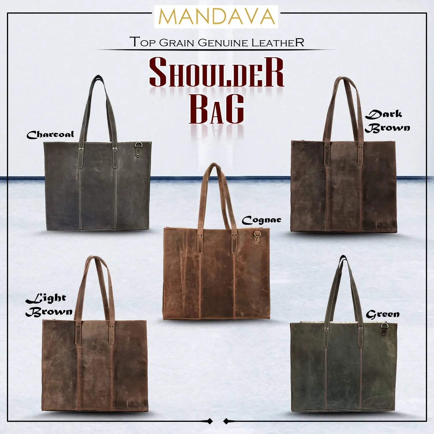 MANDAVA Women's Top Grain Genuine Leather Tote Shoulder Bag for Work Shopping Hunter Leather Big Shopper Bag (Charcoal)