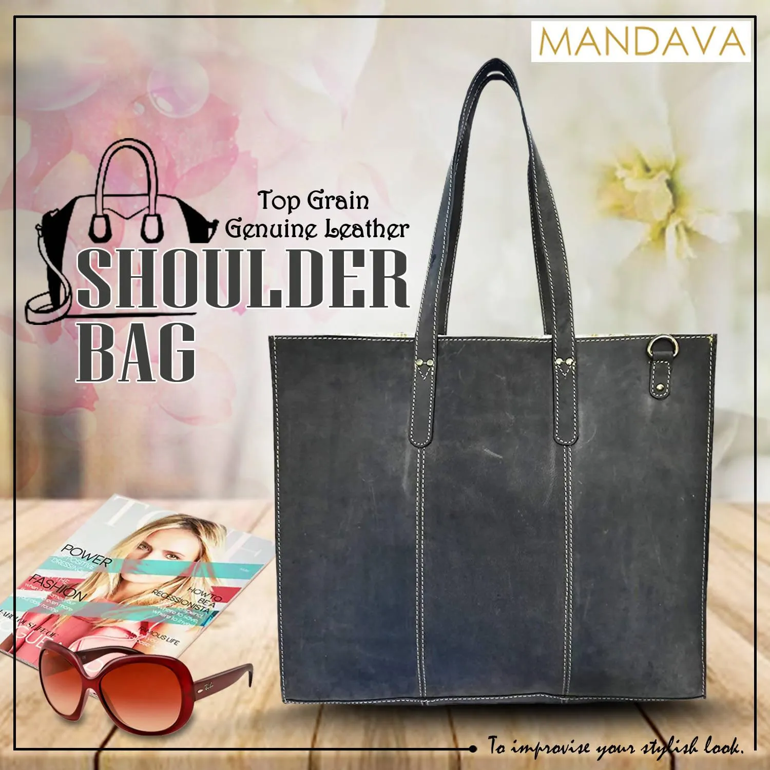 MANDAVA Women's Top Grain Genuine Leather Tote Shoulder Bag for Work Shopping Hunter Leather Big Shopper Bag (Charcoal)