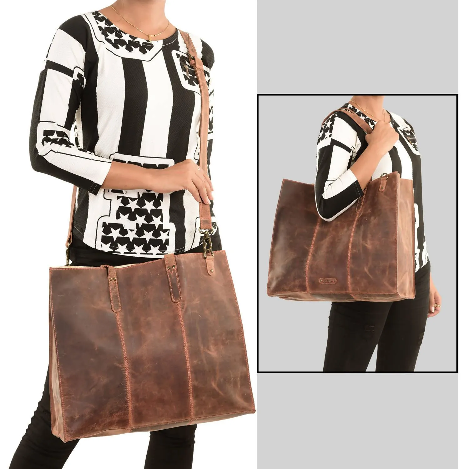 MANDAVA Women's Top Grain Genuine Leather Tote Shoulder Bag for Work Shopping Hunter Leather Big Shopper Bag (Cognac)