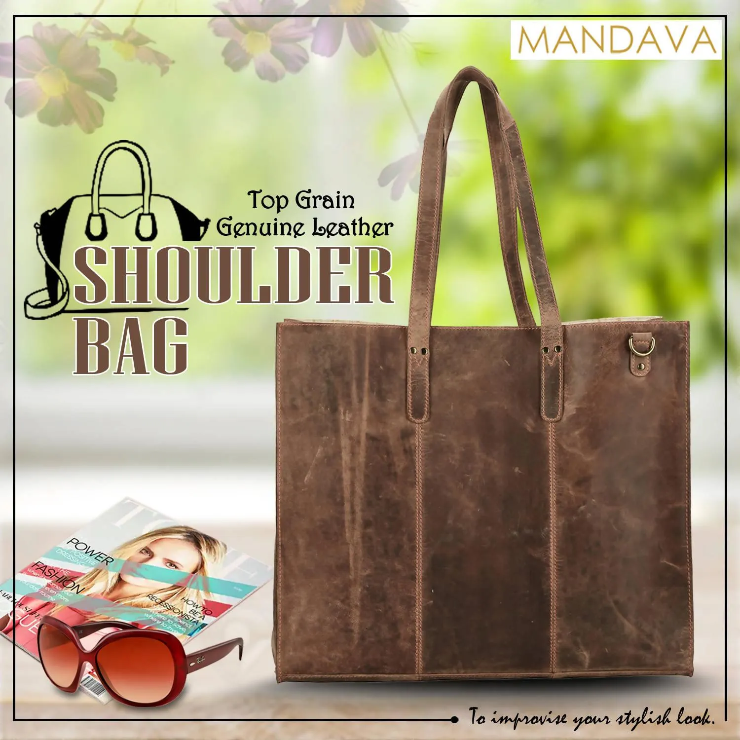 MANDAVA Women's Top Grain Genuine Leather Tote Shoulder Bag for Work Shopping Hunter Leather Big Shopper Bag (Cognac)