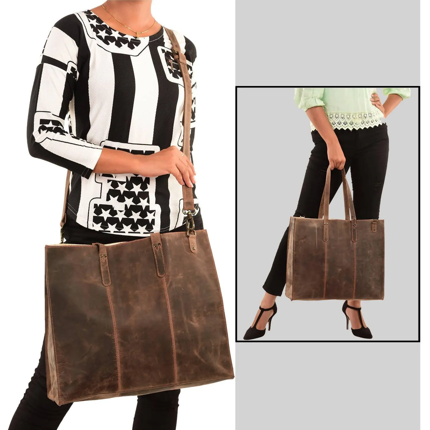 MANDAVA Women's Top Grain Genuine Leather Tote Shoulder Bag for Work Shopping Hunter Leather Big Shopper Bag (Light Brown)