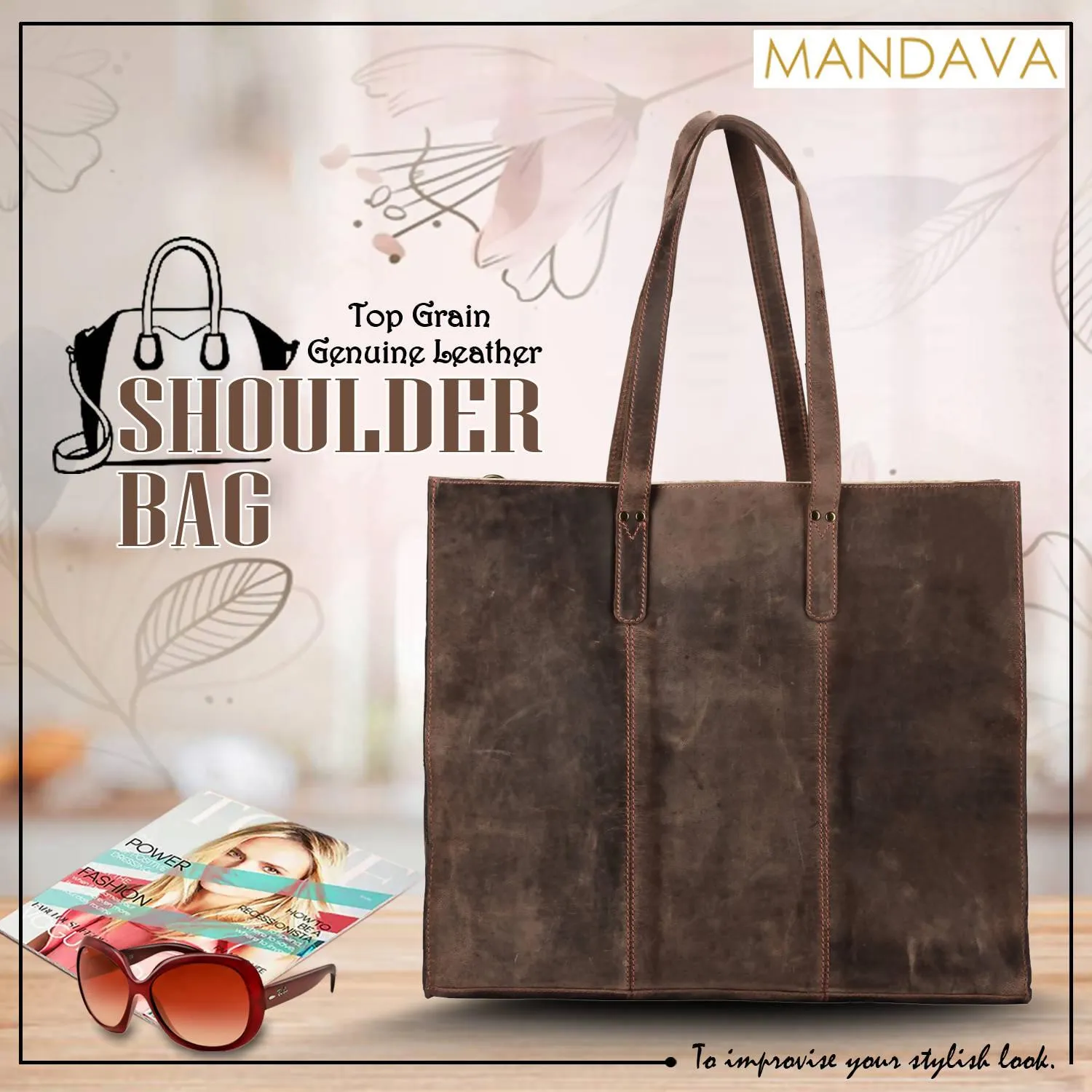 MANDAVA Women's Top Grain Genuine Leather Tote Shoulder Bag for Work Shopping Hunter Leather Big Shopper Bag (Light Brown)