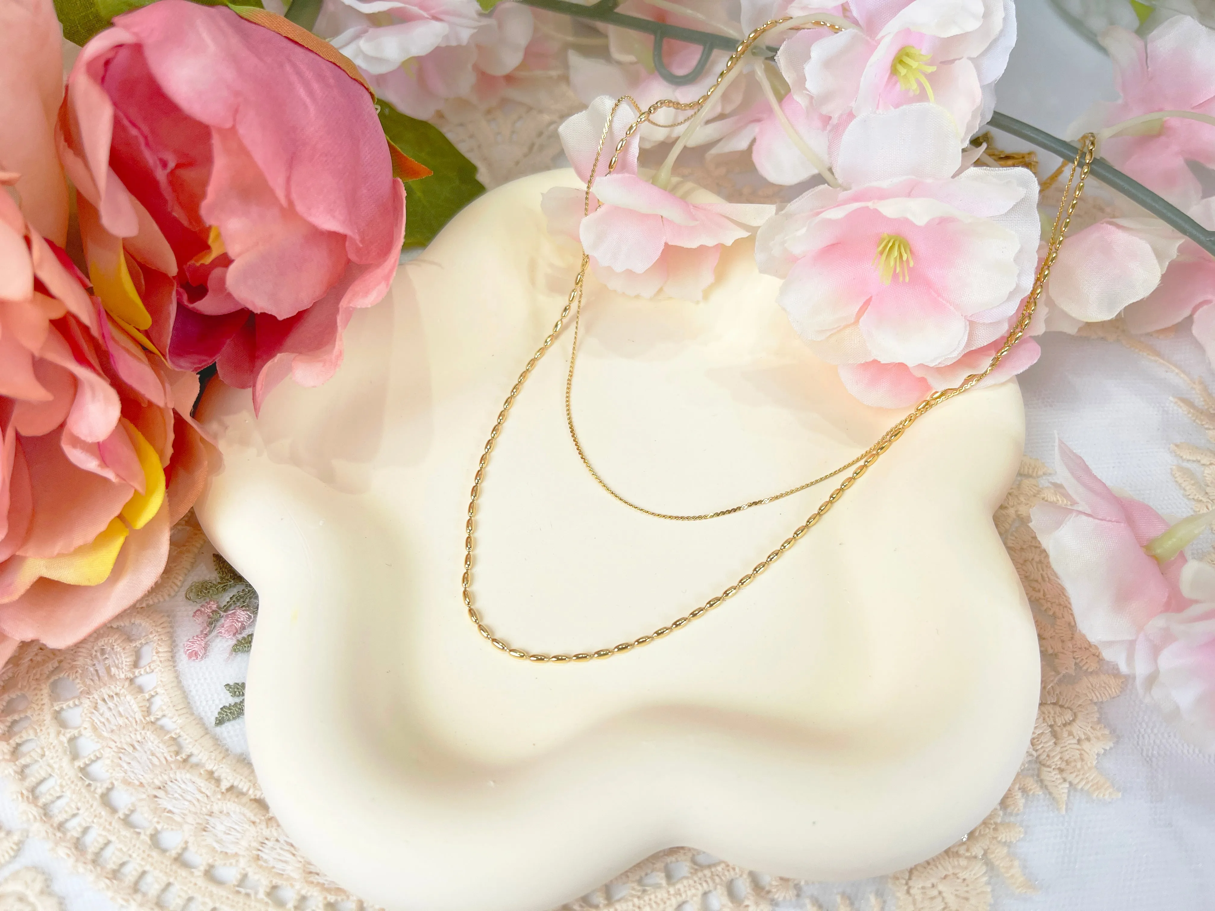 N018 gold double strand beaded chain necklace
