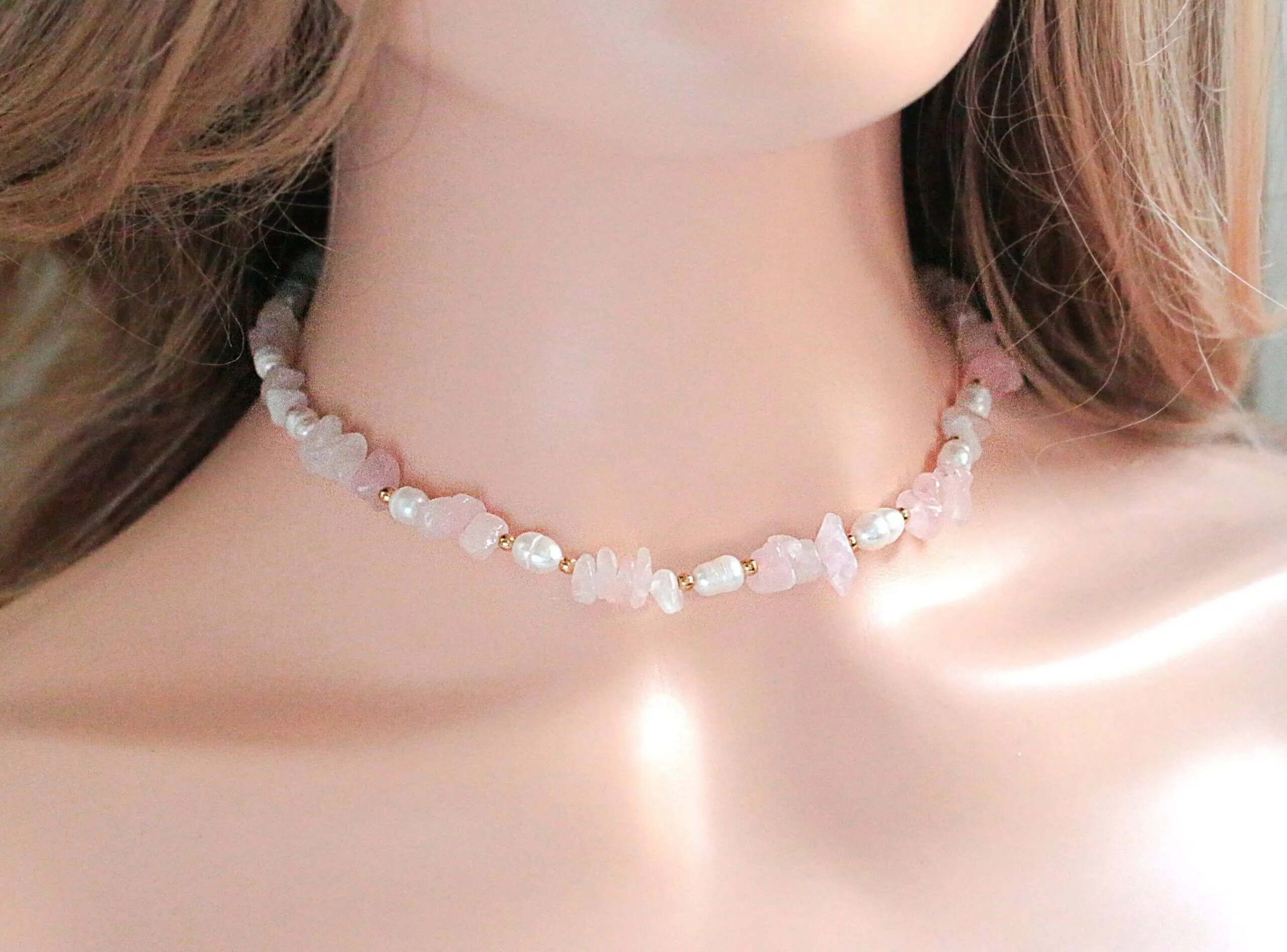 Natural Rose Quartz Crystal & Freshwater Pearl Choker
