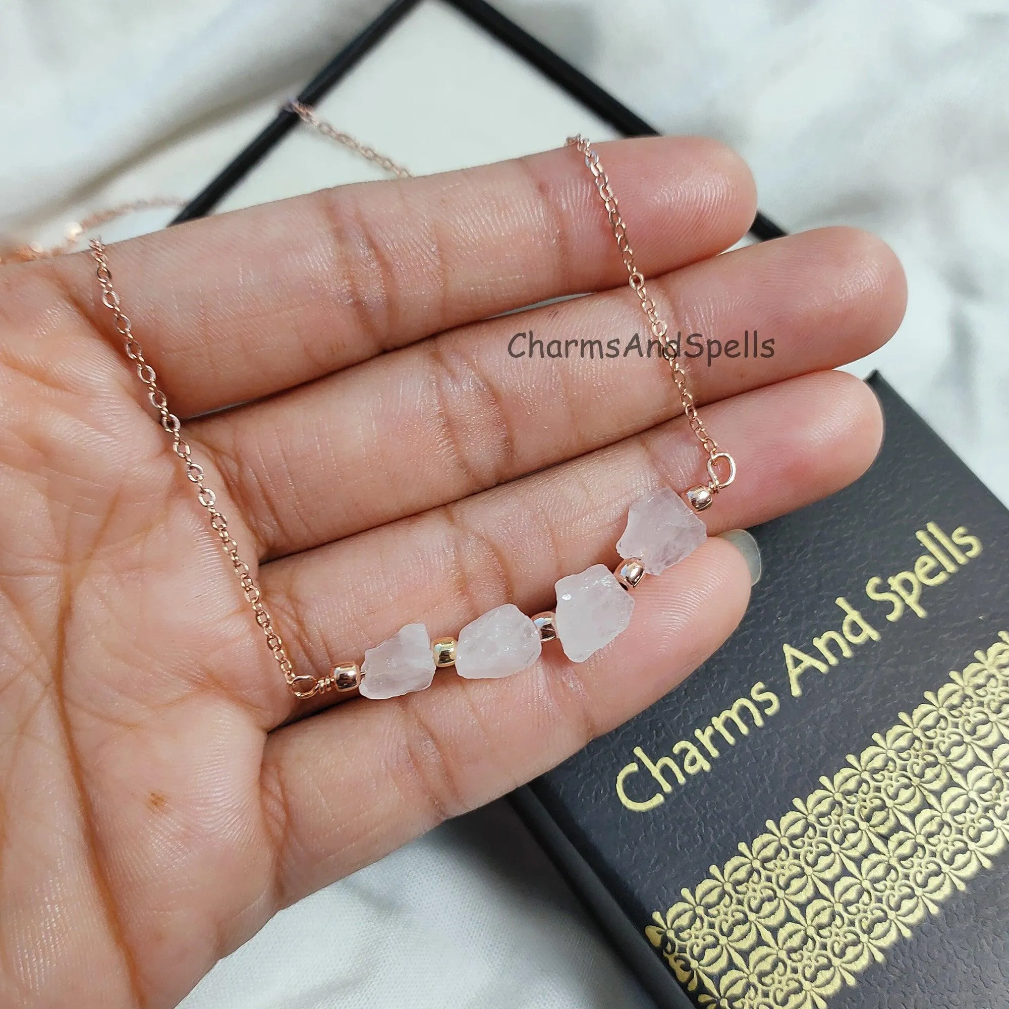 Natural Rose Quartz Necklace, Rose Gold Plated Necklace, Crystal Choker Necklace, Positive Energy Jewelry, Gemstone Necklace, Boho Jewelry