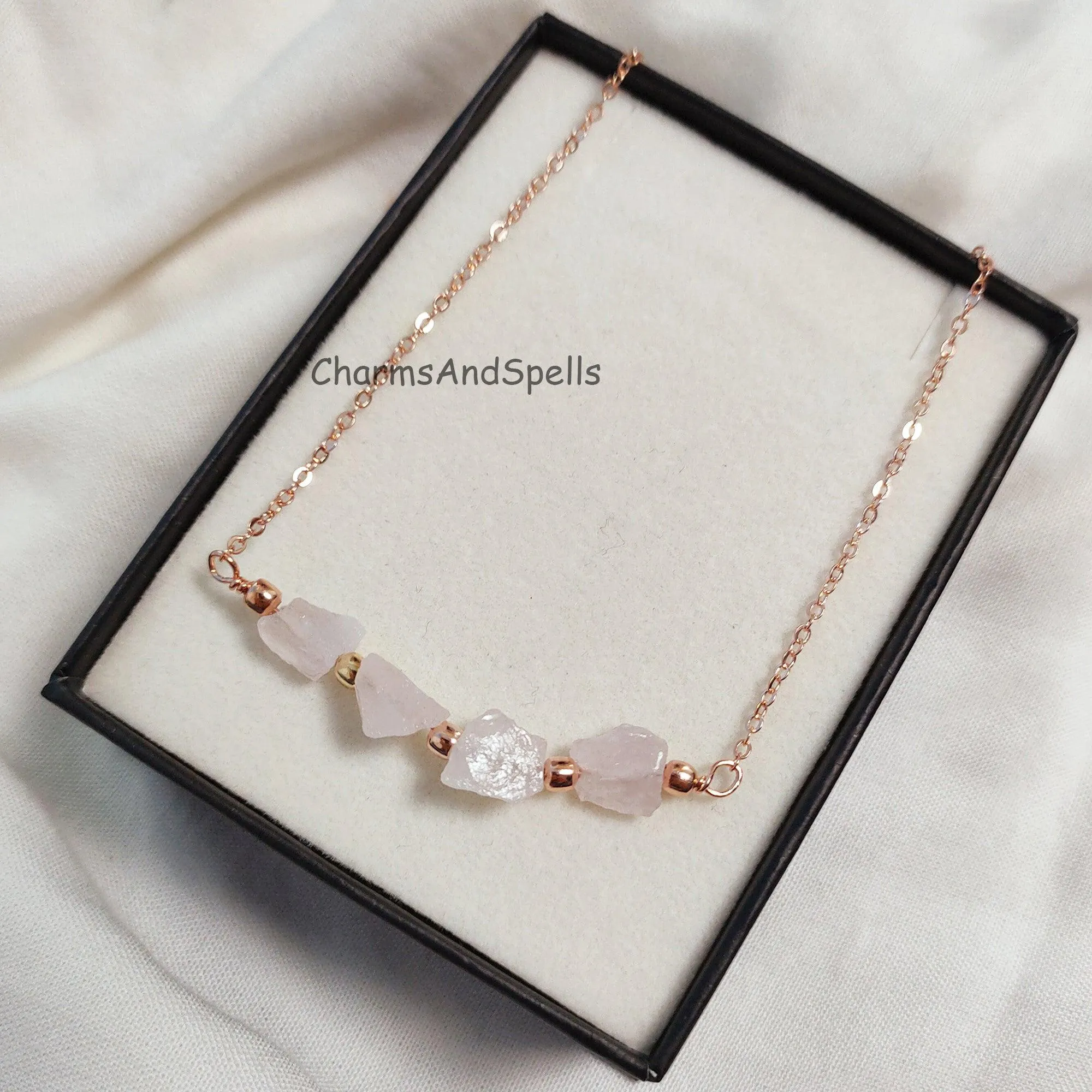 Natural Rose Quartz Necklace, Rose Gold Plated Necklace, Crystal Choker Necklace, Positive Energy Jewelry, Gemstone Necklace, Boho Jewelry
