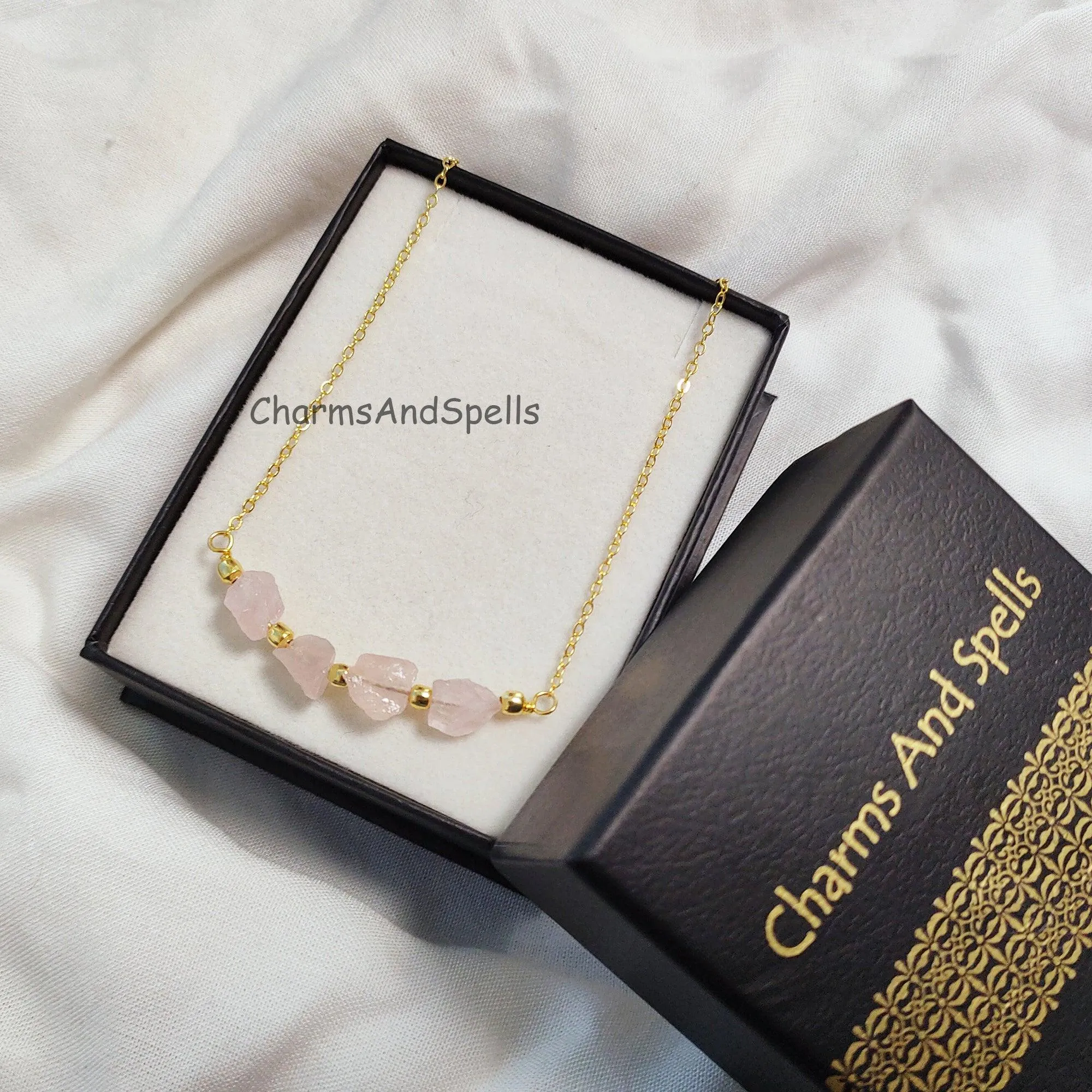 Natural Rough Rose Quartz Necklace, Gold Plated Necklace, October Birthstone Necklace, Beaded Necklace, Healing Crystal Necklace, Love Gift
