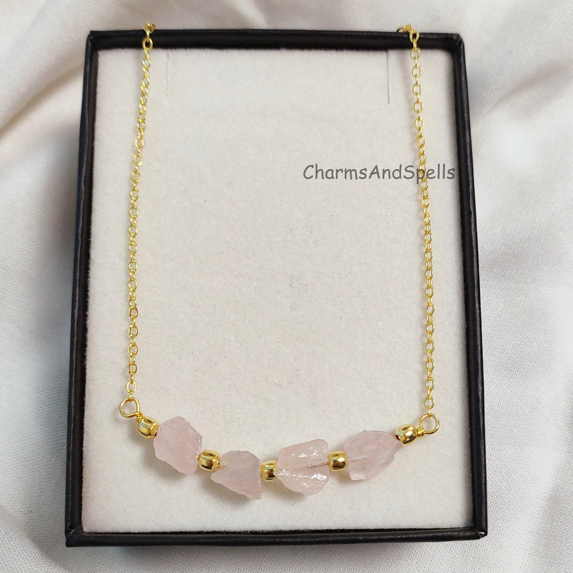 Natural Rough Rose Quartz Necklace, Gold Plated Necklace, October Birthstone Necklace, Beaded Necklace, Healing Crystal Necklace, Love Gift