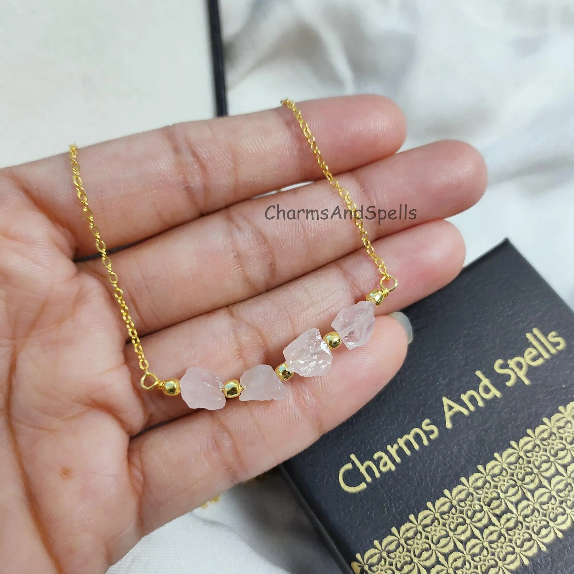 Natural Rough Rose Quartz Necklace, Gold Plated Necklace, October Birthstone Necklace, Beaded Necklace, Healing Crystal Necklace, Love Gift