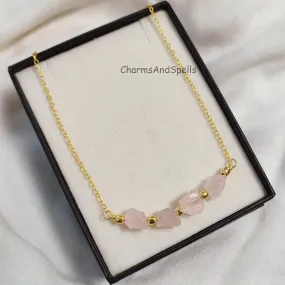 Natural Rough Rose Quartz Necklace, Gold Plated Necklace, October Birthstone Necklace, Beaded Necklace, Healing Crystal Necklace, Love Gift