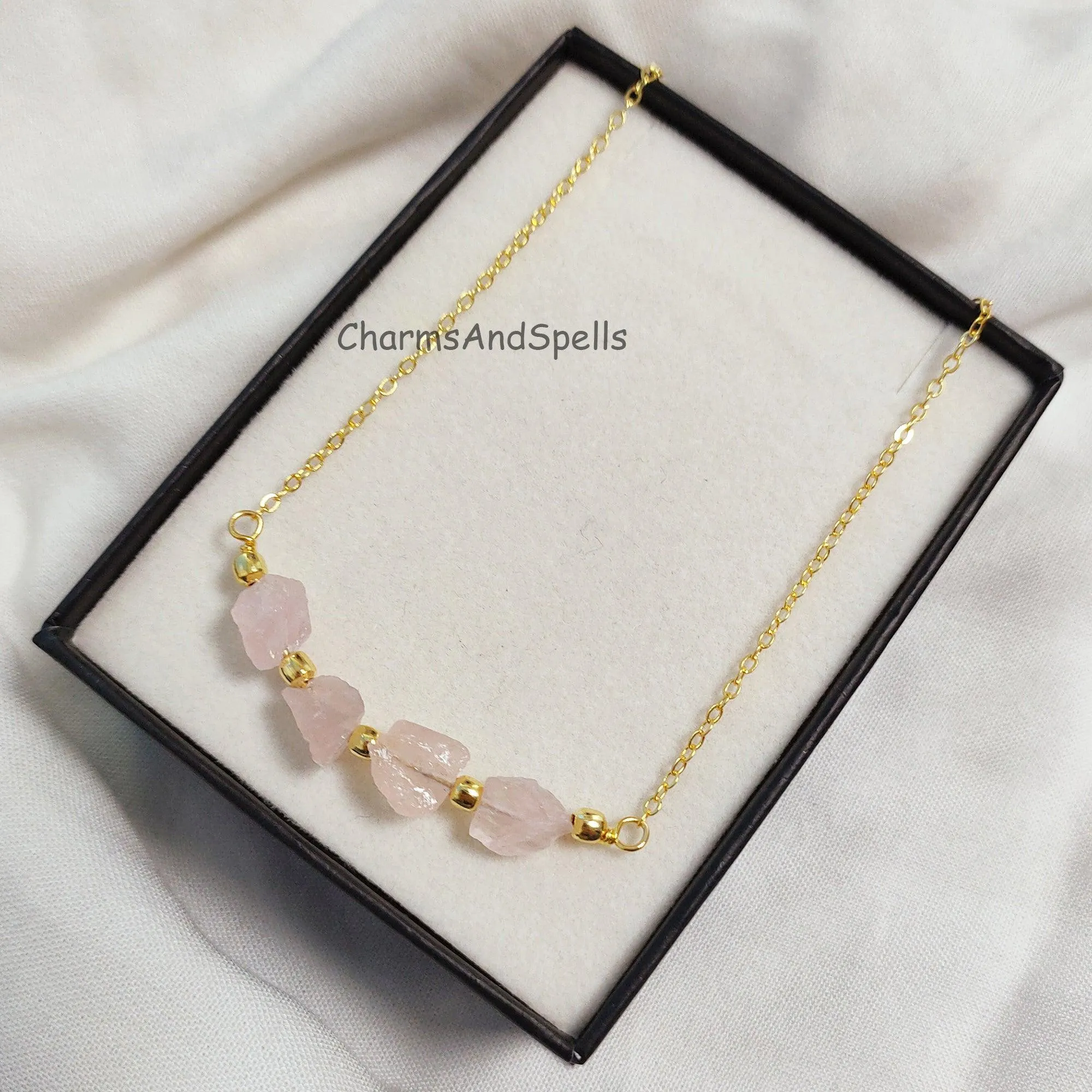 Natural Rough Rose Quartz Necklace, Gold Plated Necklace, October Birthstone Necklace, Beaded Necklace, Healing Crystal Necklace, Love Gift