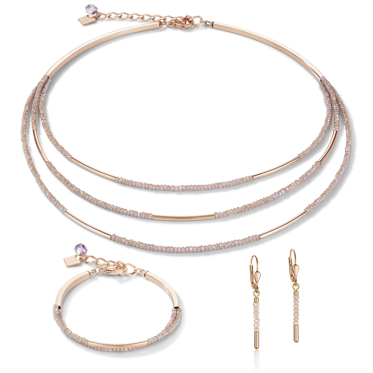 Necklace Waterfall stainless steel rose gold & glass nude