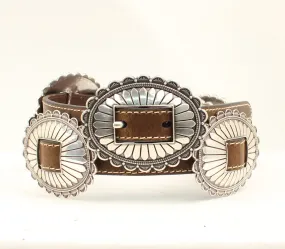 Nocona Ladies Brown Leather Belt with Large Silver Oval Floral Conchos