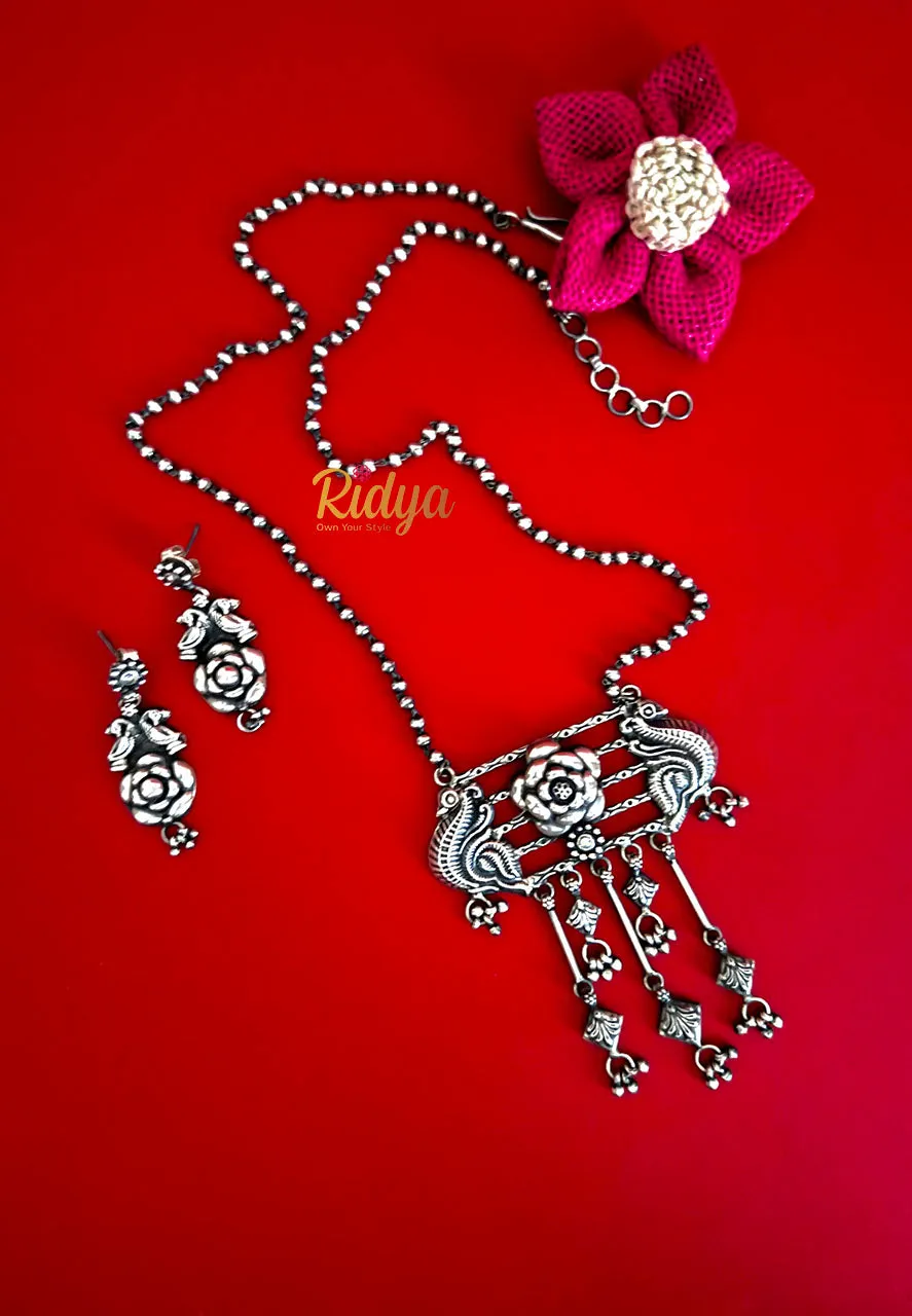 Peacocks on a Rose Everyday Ball Chain Necklace and Earrings Set
