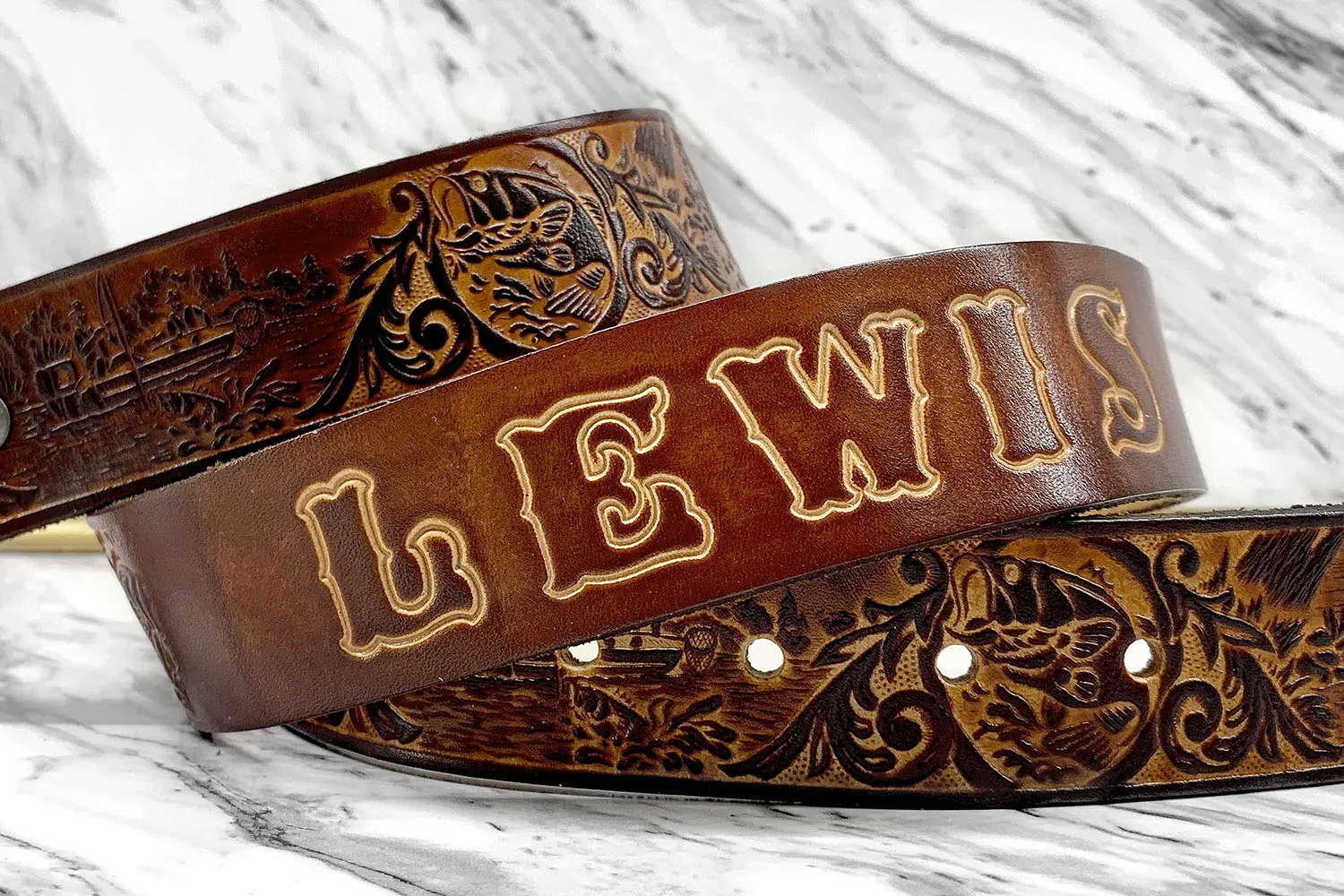 Personalized Leather Belt Bass Fishing Design - Gift for Him - Tooled Name Belt - Genuine Leather Father's Day Gift - Gifts for Fisherman