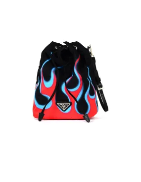 Prada 2019 Black Nylon Flame Print Wristlet Bucket Pouch Bag
