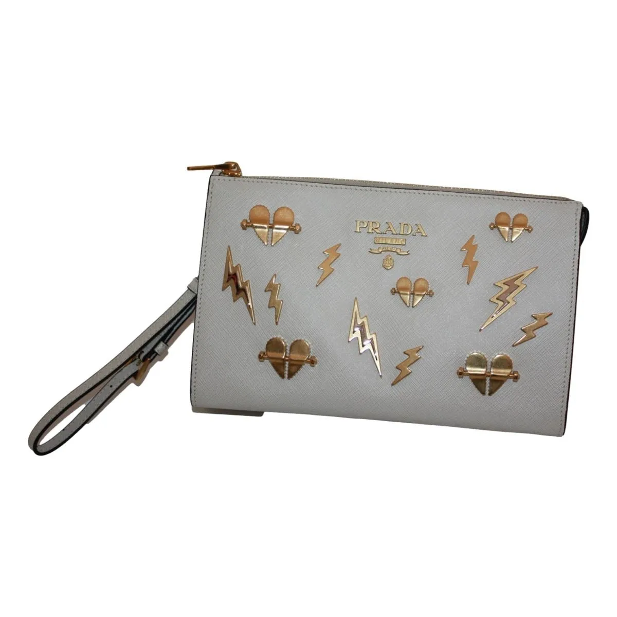 Prada White Saffiano Leather Gold Hearts Pouch Wristlet Bag 1NE007