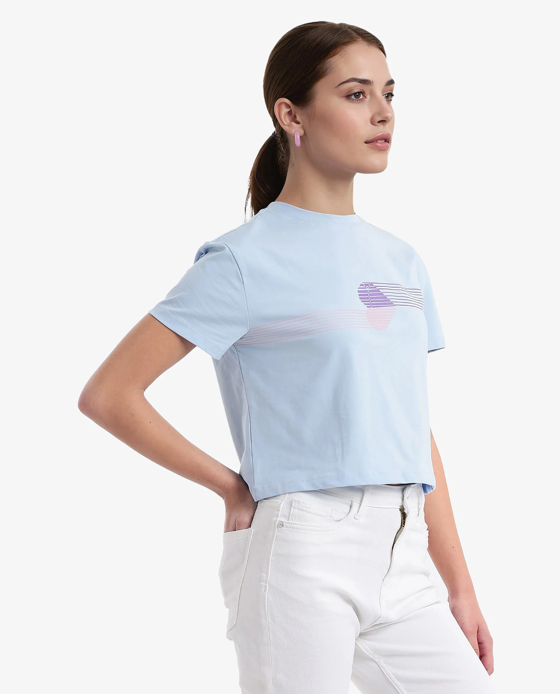 Rareism Women Kuncro Light Blue Cotton Elastane Fabric Crew Neck Knit Solid T-Shirt