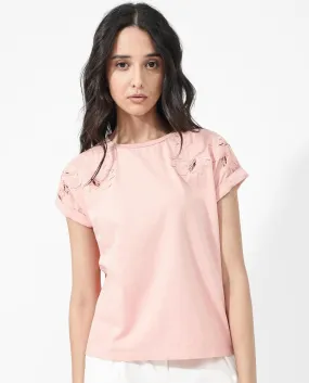 Rareism Women Xinia Light Peach Cotton Elastane Fabric Crew Neck Knit Solid T-Shirt