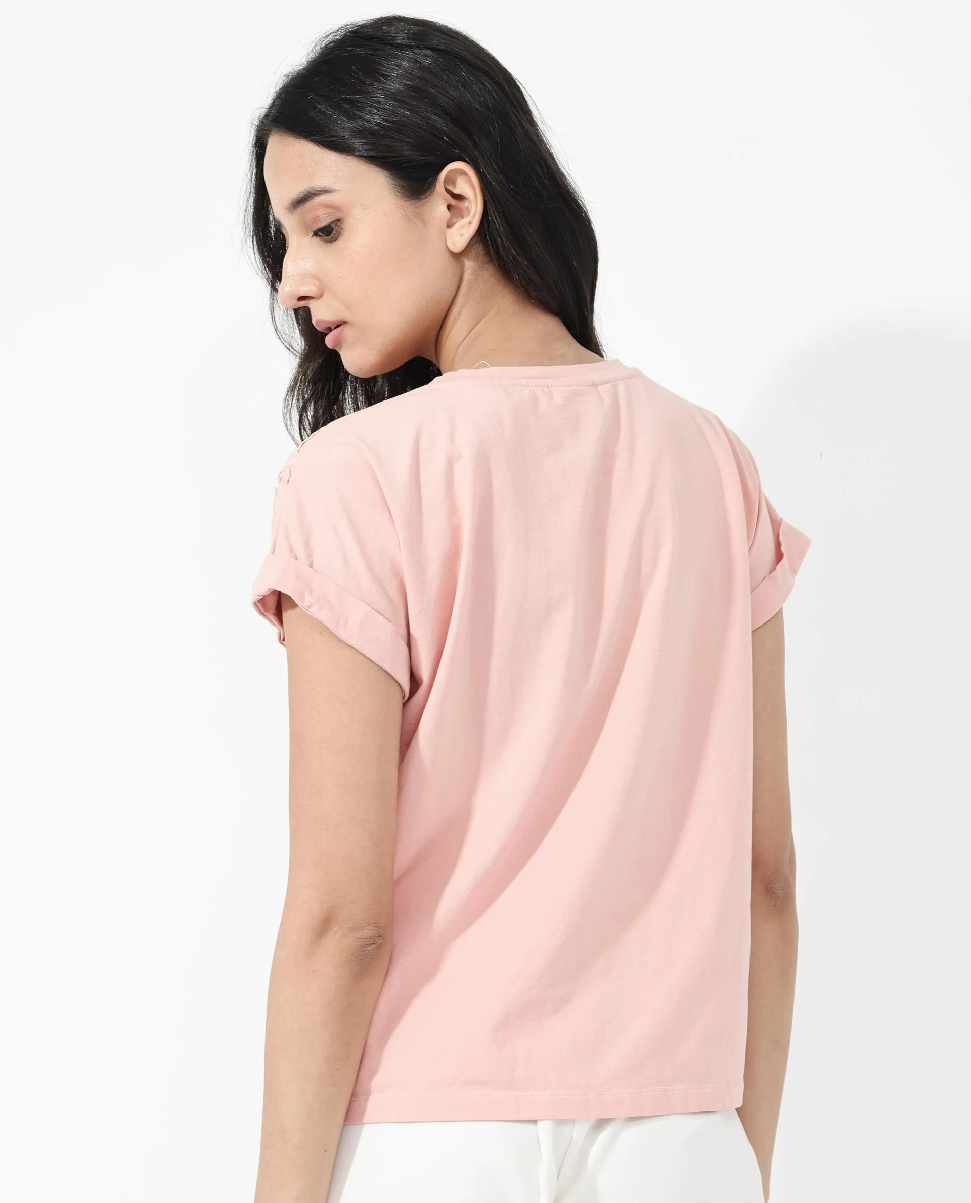 Rareism Women Xinia Light Peach Cotton Elastane Fabric Crew Neck Knit Solid T-Shirt