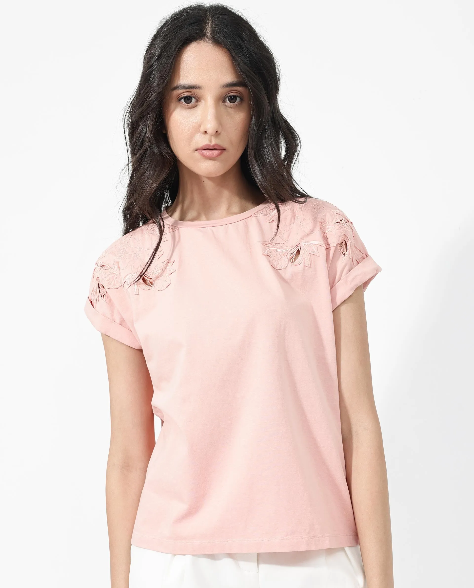 Rareism Women Xinia Light Peach Cotton Elastane Fabric Crew Neck Knit Solid T-Shirt
